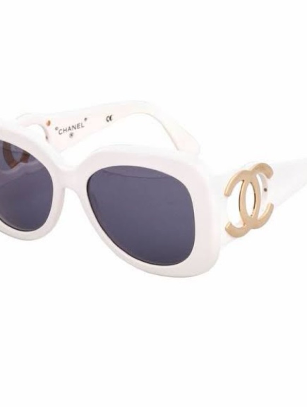 CHANEL White Frame Sunglasses with Gold Double C Emblem and Dark Lenses